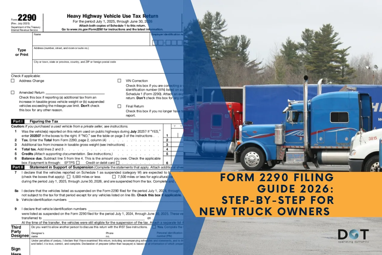 Form 2290 document alongside semi truck for heavy vehicle use tax filing