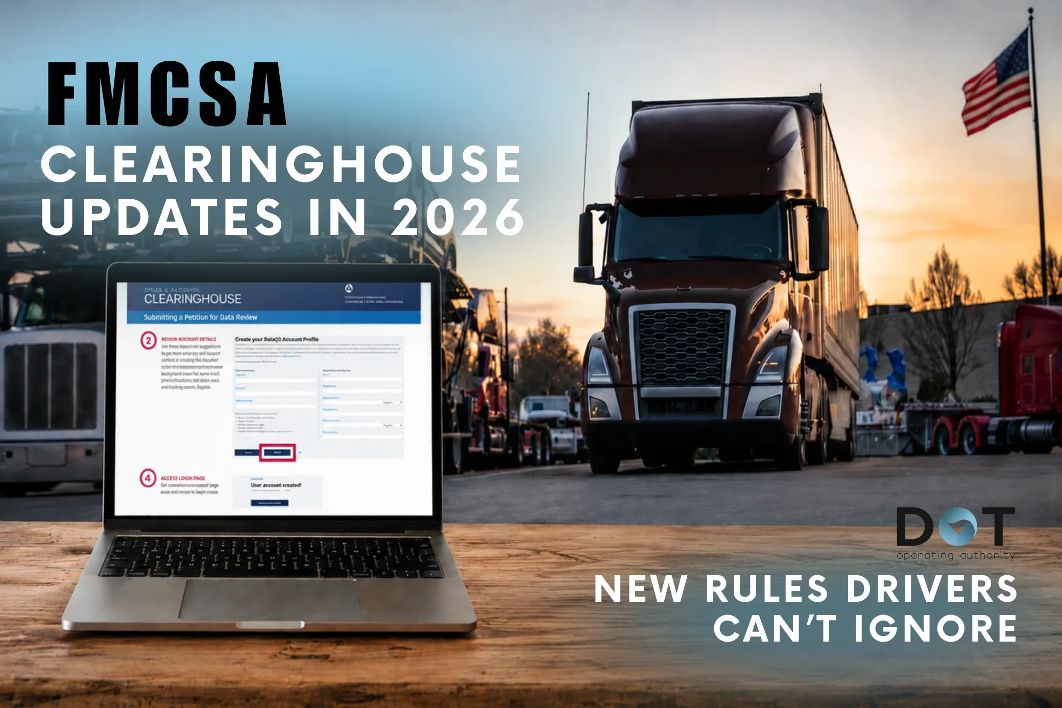 Cover photo depicting a truck in the background, a laptop showing the FMCSA Clearinghouse portal and the blog heading about 2026 Clearinghouse updates for drivers.