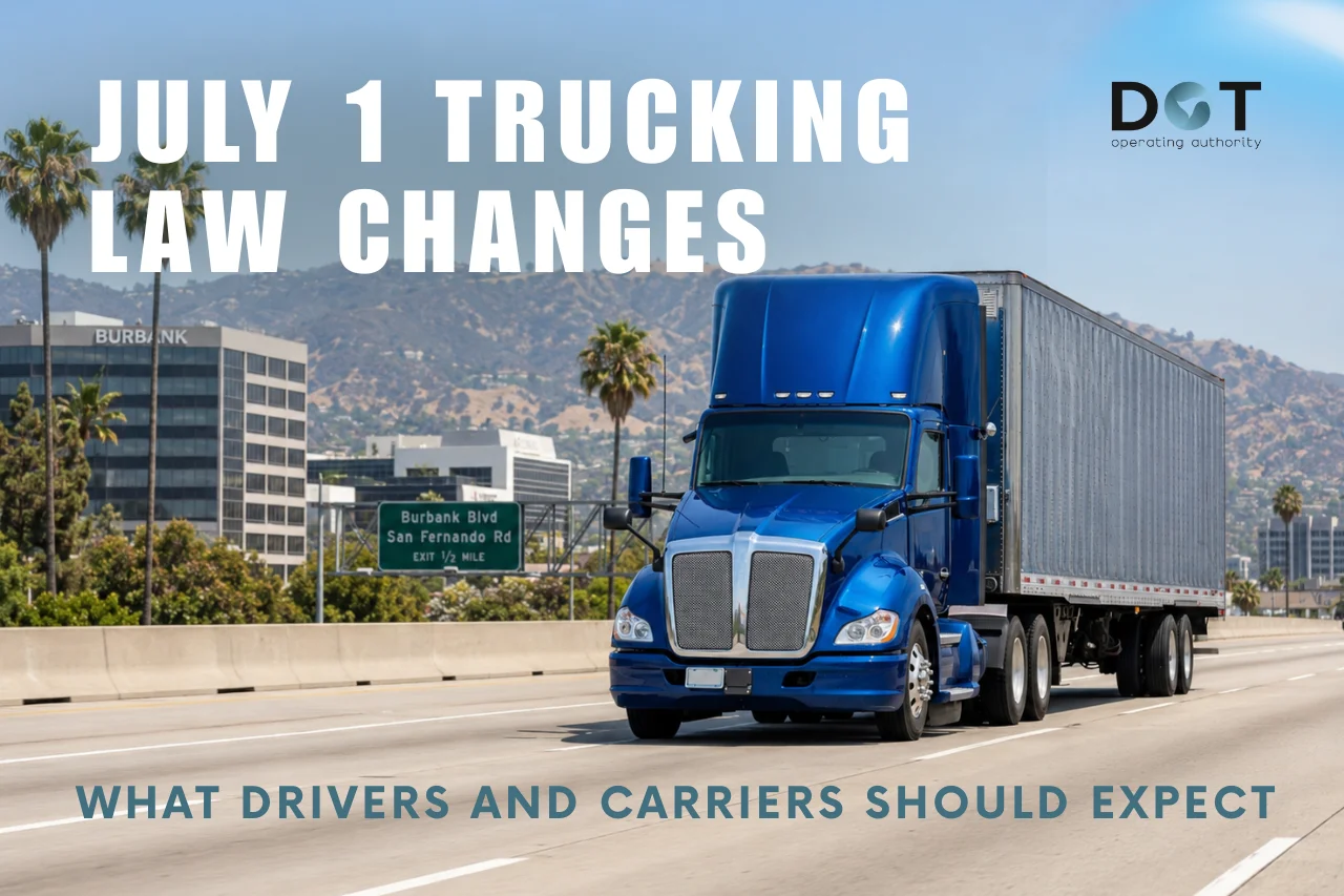 Blog Cover Depicting A Blue Semi Truck Driving On A Burbank Freeway With The Heading July 1 Trucking Law Changes And The Subheading What Drivers And Carriers Should Expect