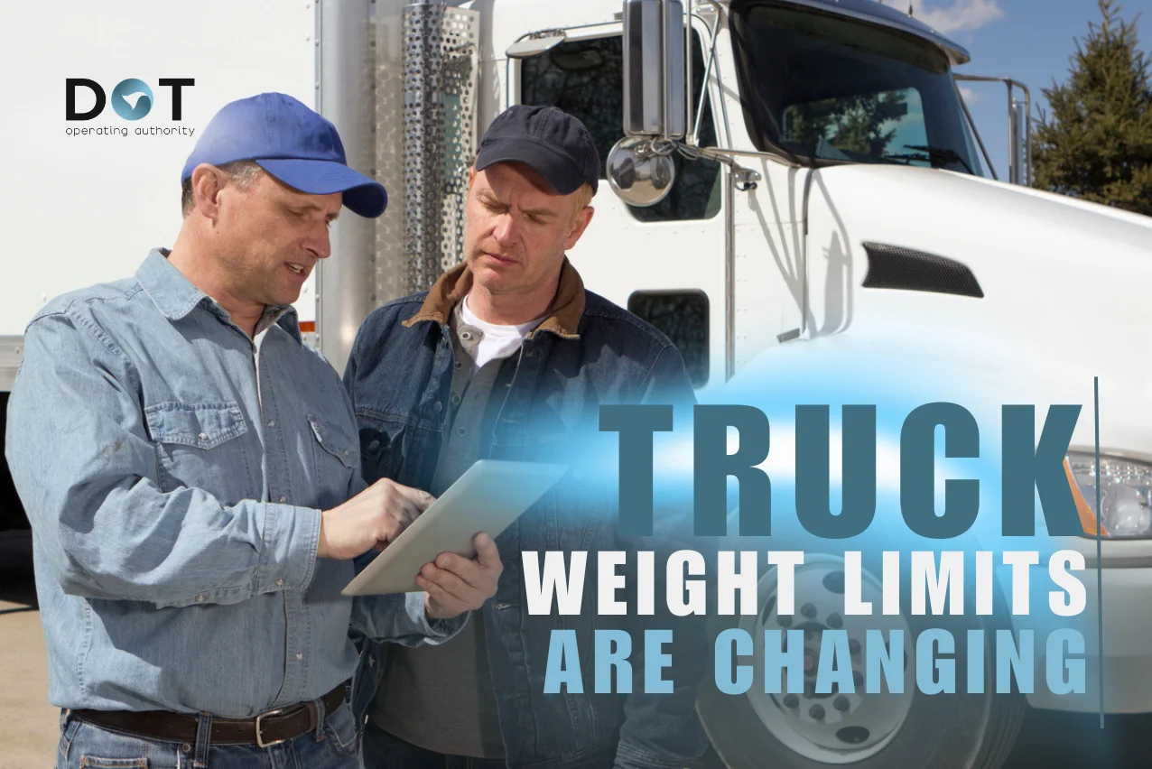 Blog Cover Depicting Two Truck Drivers Reviewing A Tablet In Front Of A White Semi Truck With The Heading Truck Weight Limits Are Changing
