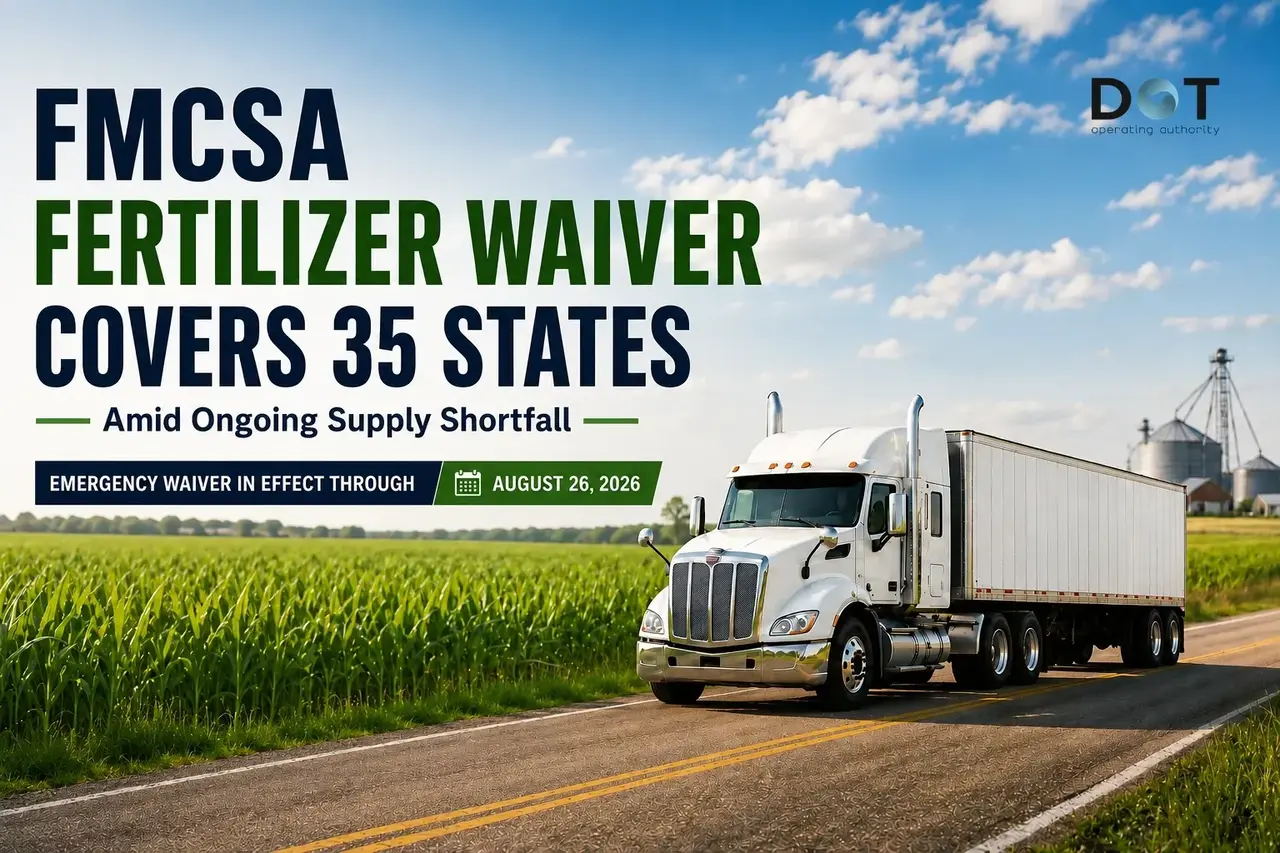 Blog cover photo depicting white semi-truck traveling beside agricultural fields with text announcing the FMCSA fertilizer waiver covering 35 states