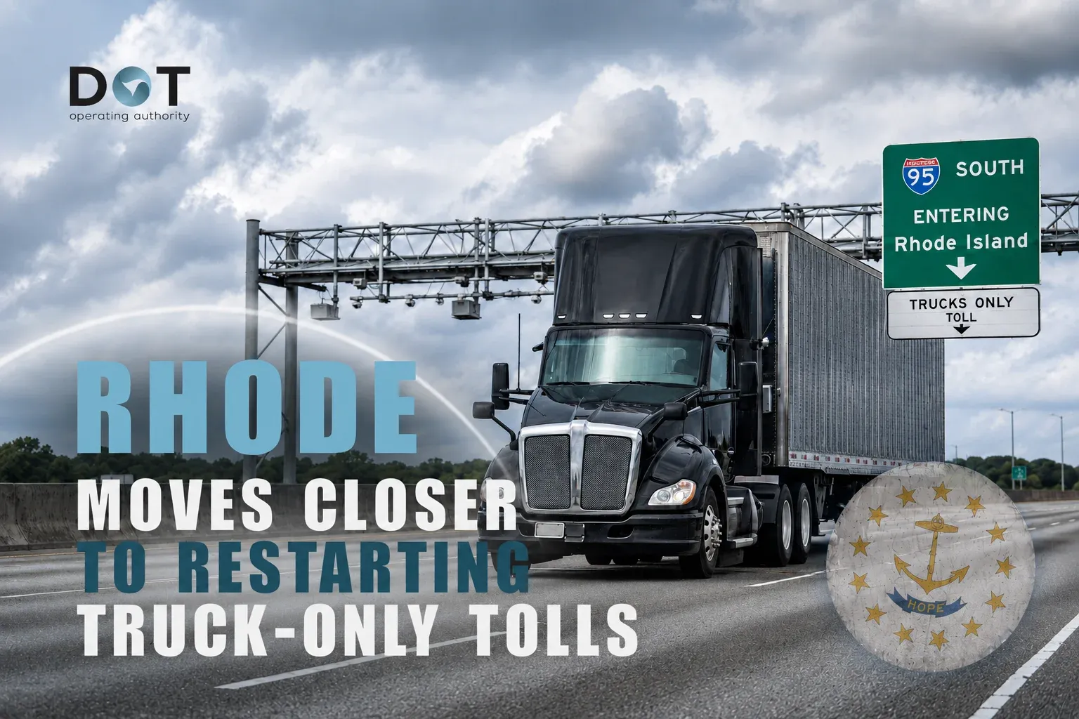 Rhode Island truck toll announcement with semi truck on highway.