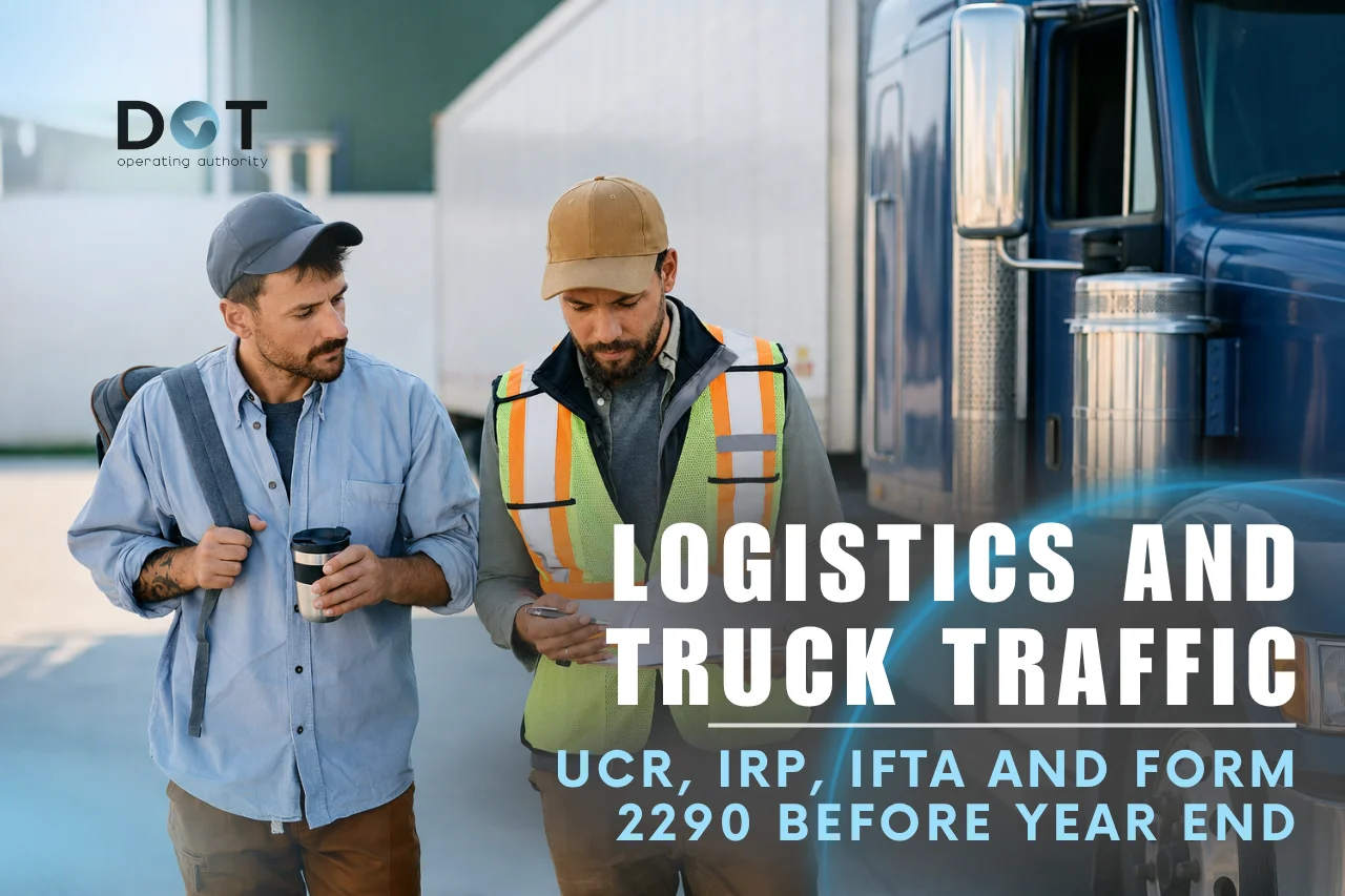 Two truck drivers reviewing paperwork on a phone near a semi-truck, representing logistics compliance topics like UCR, IRP, IFTA, and Form 2290 filing deadlines.