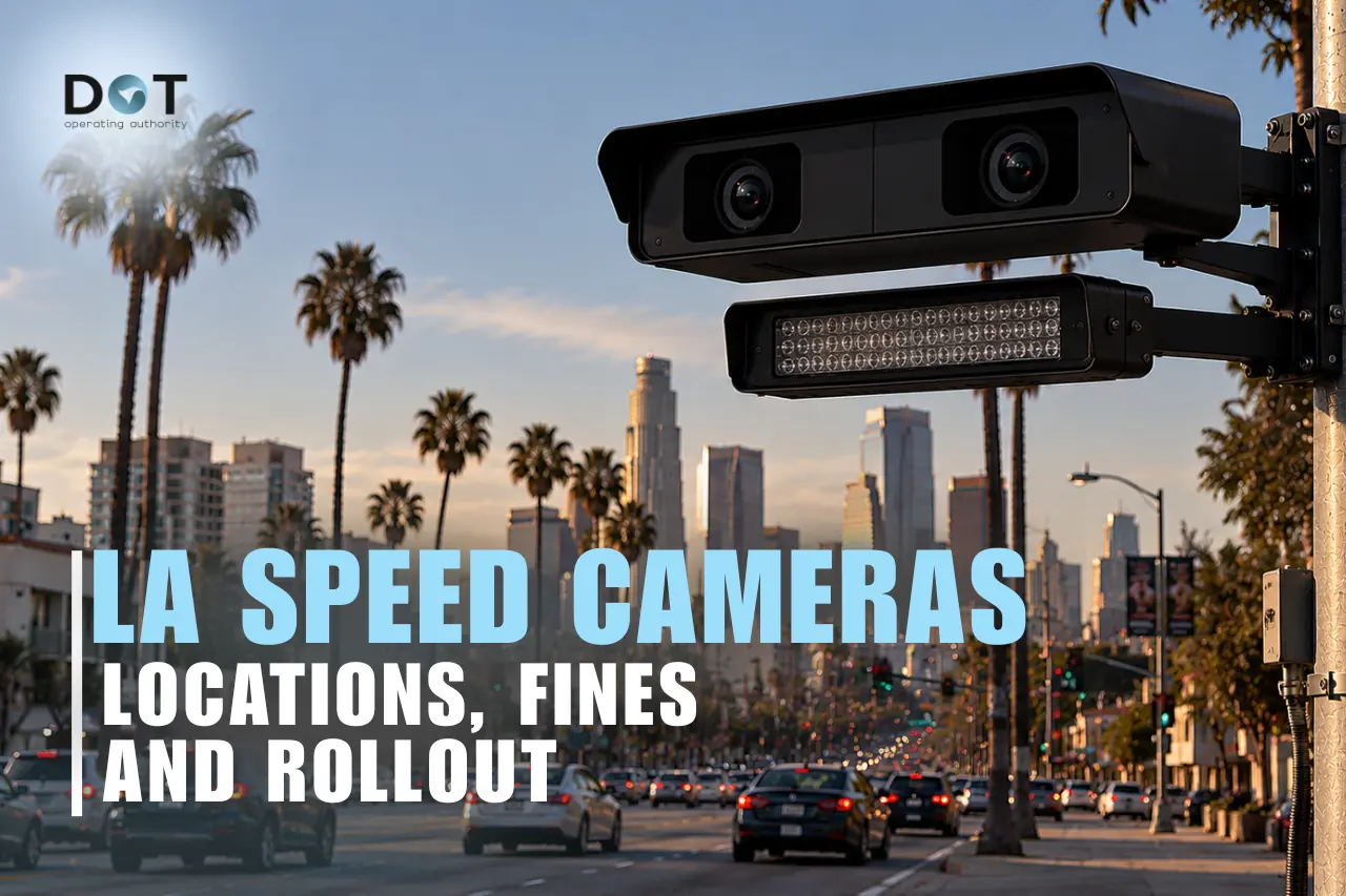 Los Angeles speed camera illustration overlooking downtown traffic.