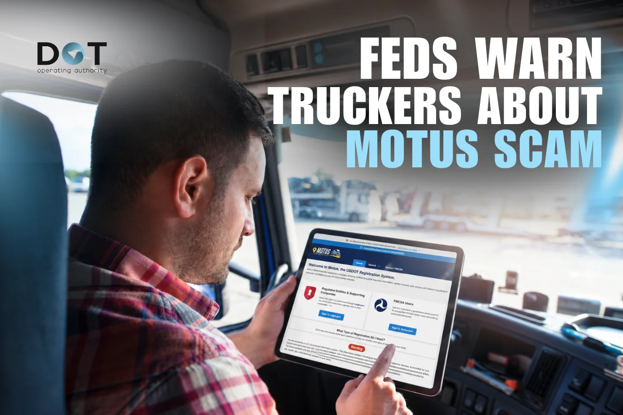 Truck driver views the Motus portal on a tablet beneath a warning about trucking scams and Motus phishing.